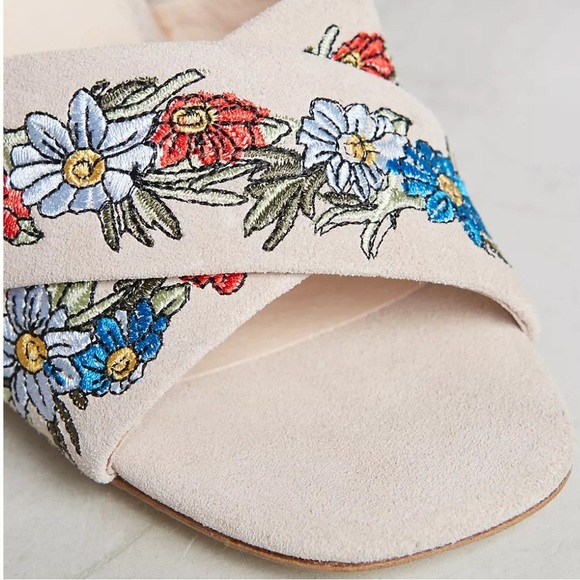 Anthropologie Raye Tan Suede Embroidered Floral Lace Up Heeled Sandals NWOB - Picture 3 of 14